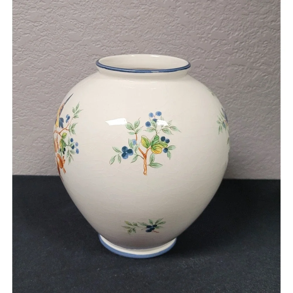 VTG 1980s Hand Painted Ceramic Bird Vase Large Heavy Earthenware Fruit Ovoid 8